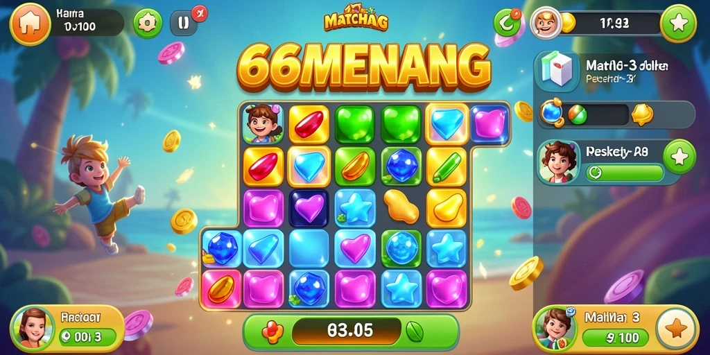 Tampilan gameplay menarik dari 66MENANG saat mencocokkan permata Match-3.