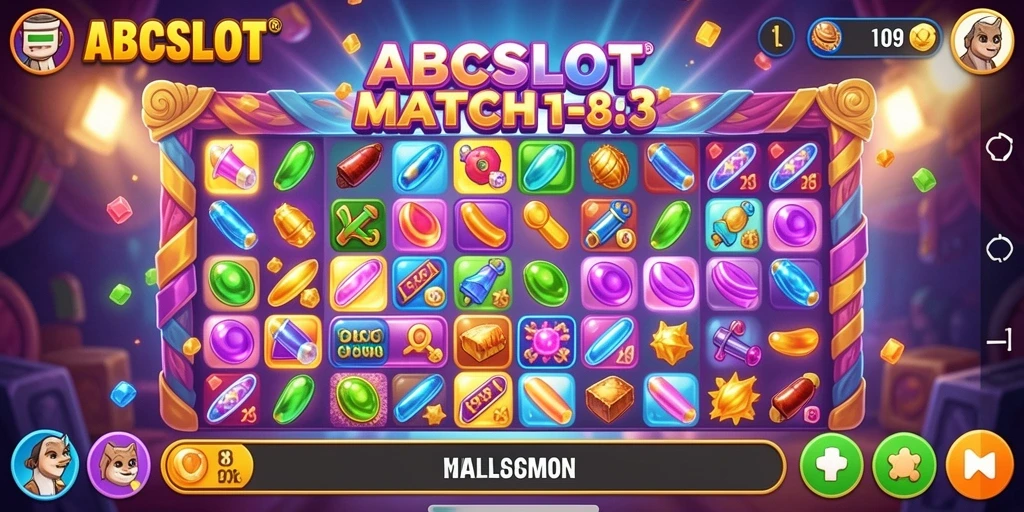 Screenshot gameplay ABCSLOT menampilkan tantangan mencocokkan elemen warna-warni.