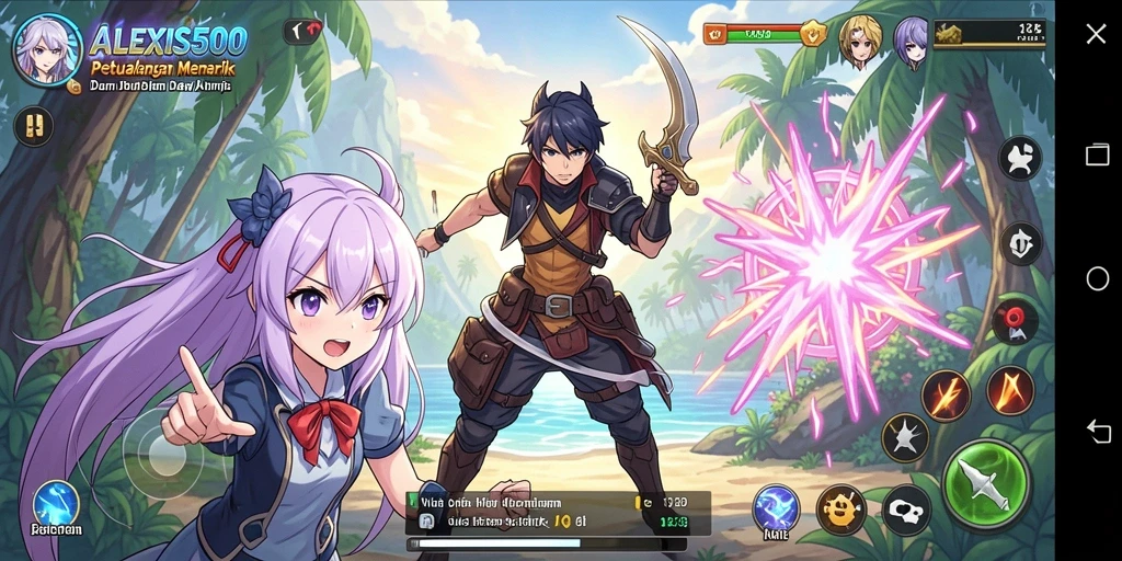 Tampilan gameplay ALEXIS500 yang memukau dan penuh warna.