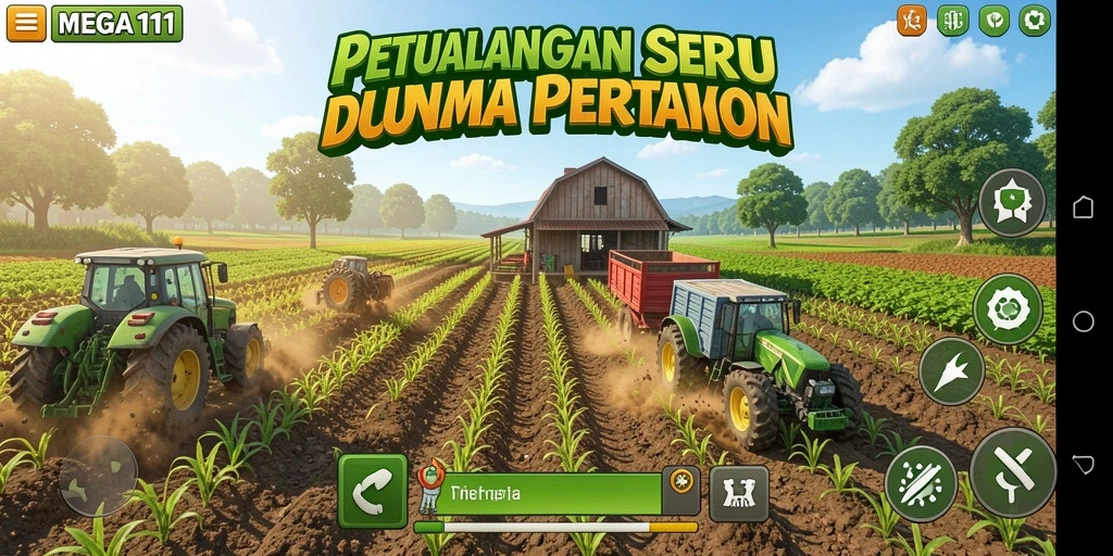 Tangkapan layar gameplay MEGA111 menampilkan aktivitas pertanian yang seru.