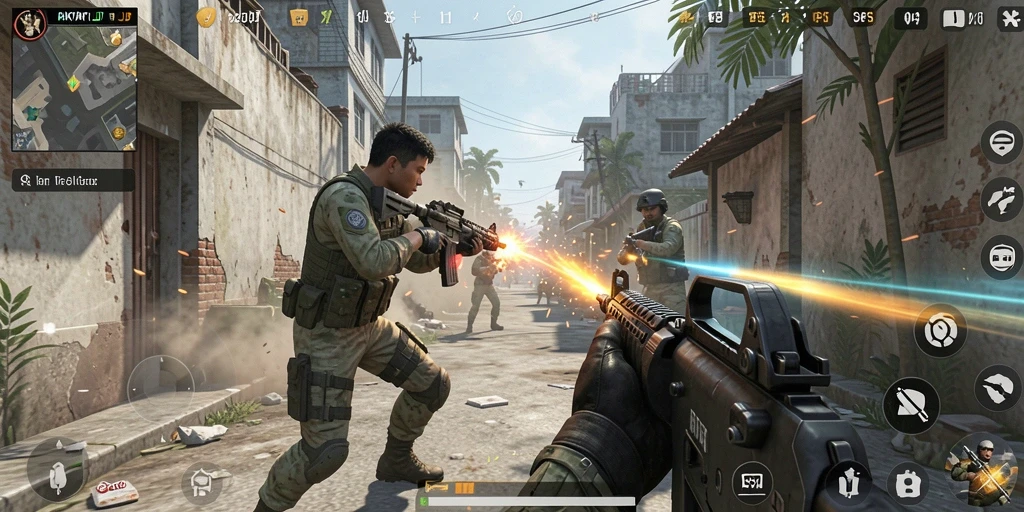 Screenshot utama RAKYATJP menunjukkan pertempuran intens di arena FPS.