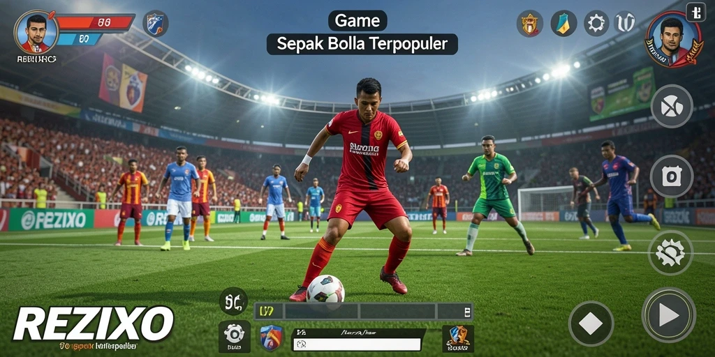 Screenshot utama REZIXO menampilkan aksi seru dalam pertandingan sepak bola.