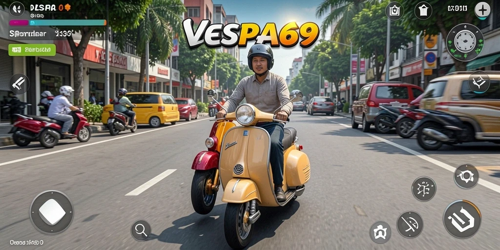 Gameplay VESPA69 yang menarik dan realistis dalam simulasi mengendarai Vespa.